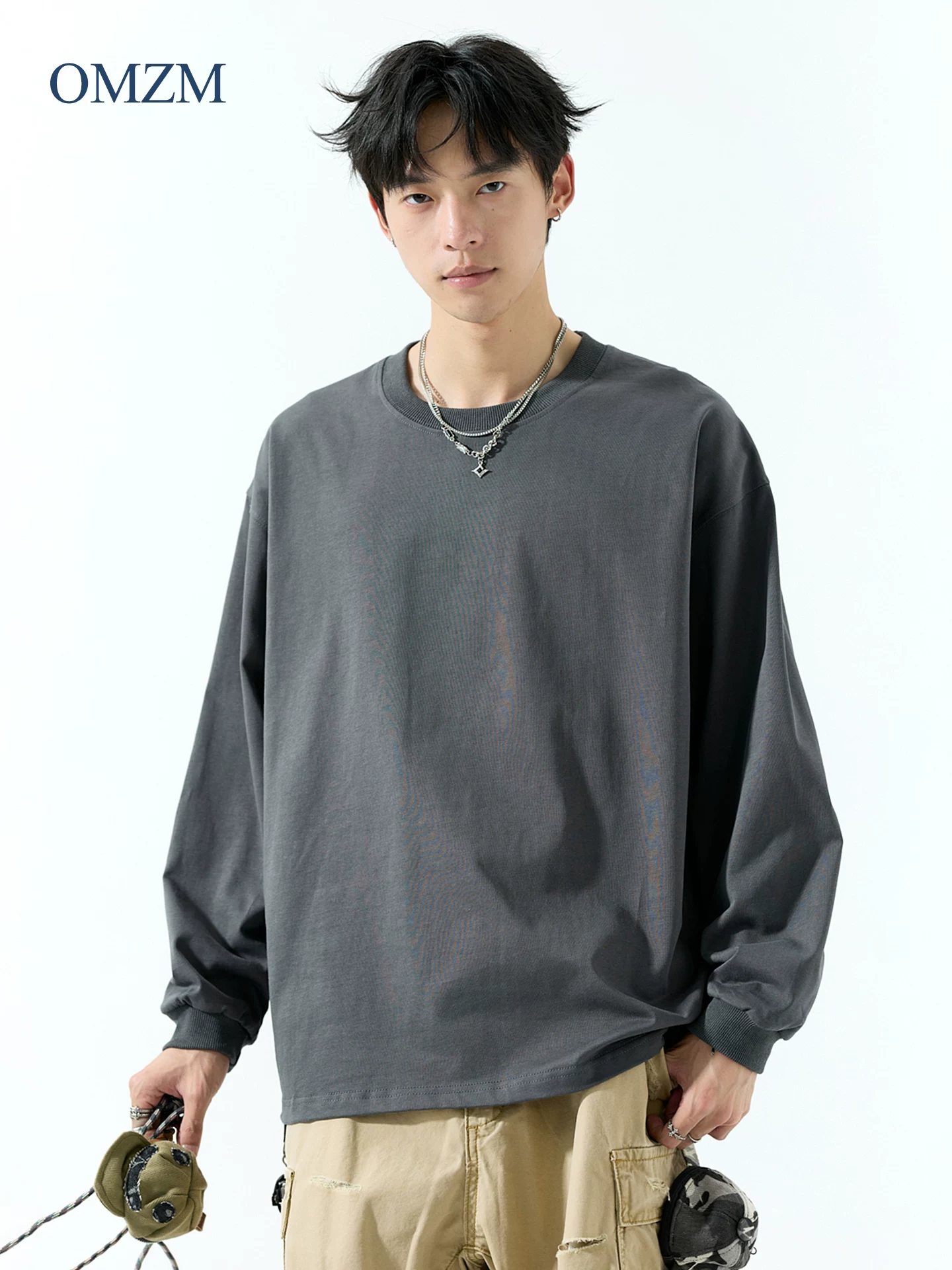Áo thun dài tay bằng cotton nguyên chất hạng nặng OMZM300G dành cho nam, áo sơ mi cổ tròn dáng rộng phong cách Mỹ mùa thu, áo len màu trơn