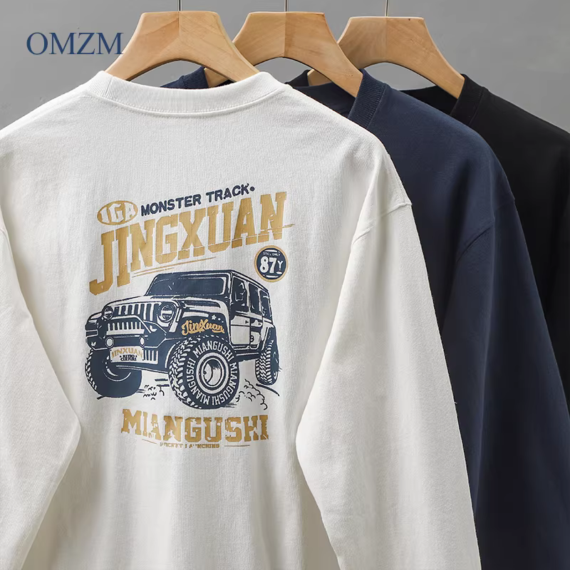 Áo thun dài tay hạng nặng 400G kiểu cổ điển của Mỹ dành cho nam giới, áo sơ mi in họa tiết thương hiệu thời thượng cao cấp mùa xuân và mùa thu, áo len cổ tròn bằng cotton nguyên chất