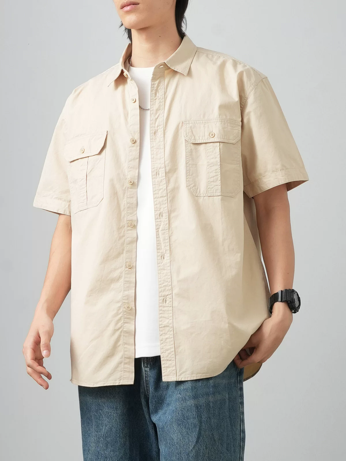 Áo sơ mi công sở cotton dày kiểu Mỹ OMZM dành cho nam, tay ngắn, mùa hè, cao cấp, dáng rộng, áo khoác sơ mi trắng có túi