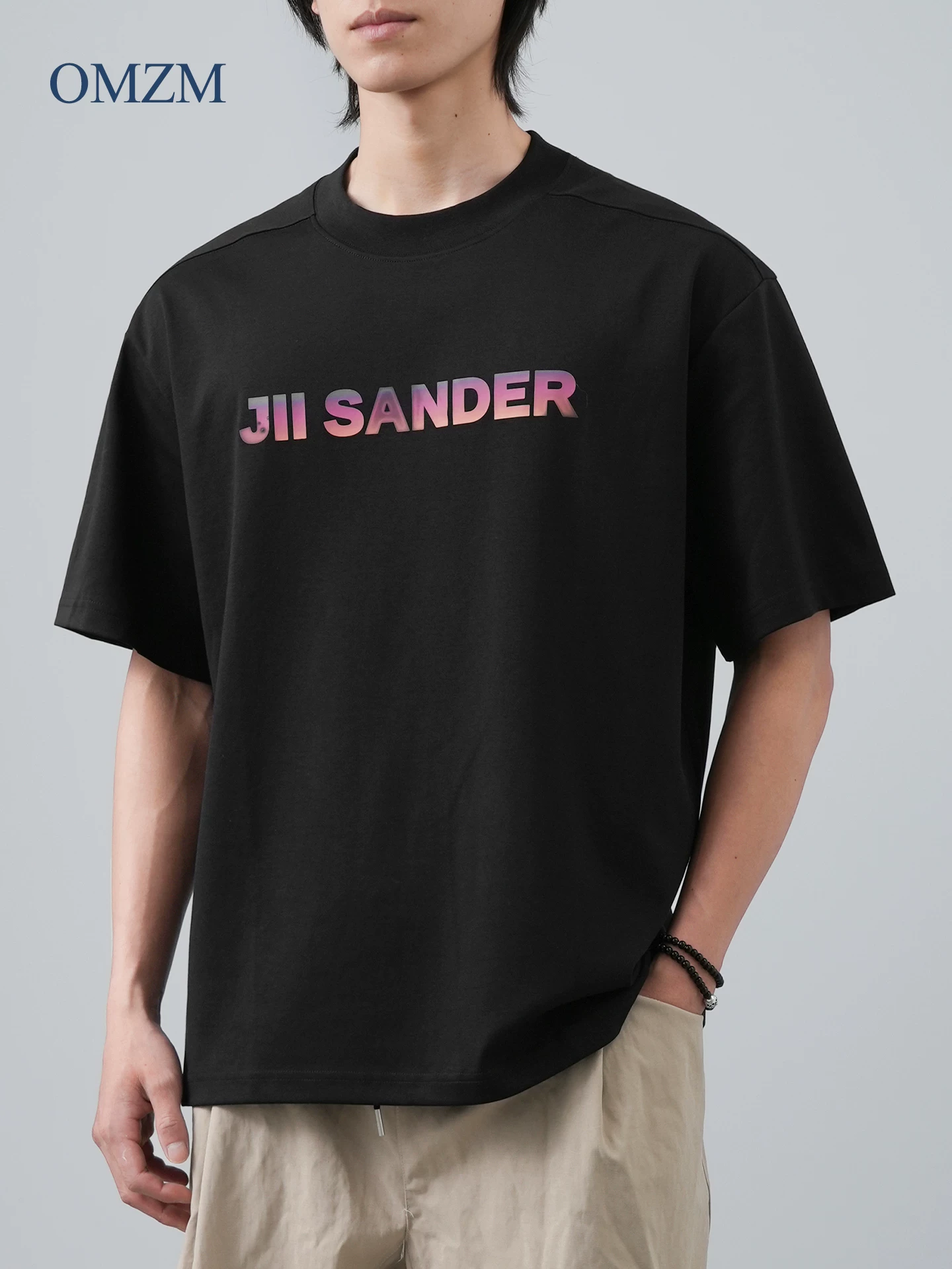 Áo thun cotton Mercerized OMZM50 dành cho nam, tay ngắn, mùa hè, 250G, in chữ, dáng rộng, cảm giác cao cấp, tay lửng