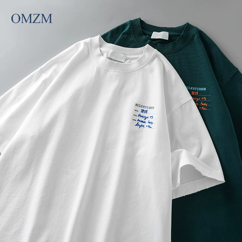 Áo thun ngắn tay cotton nặng 320G phong cách Mỹ OMZM dành cho nam, áo thun thêu chữ mùa hè, áo thun cổ tròn dáng rộng