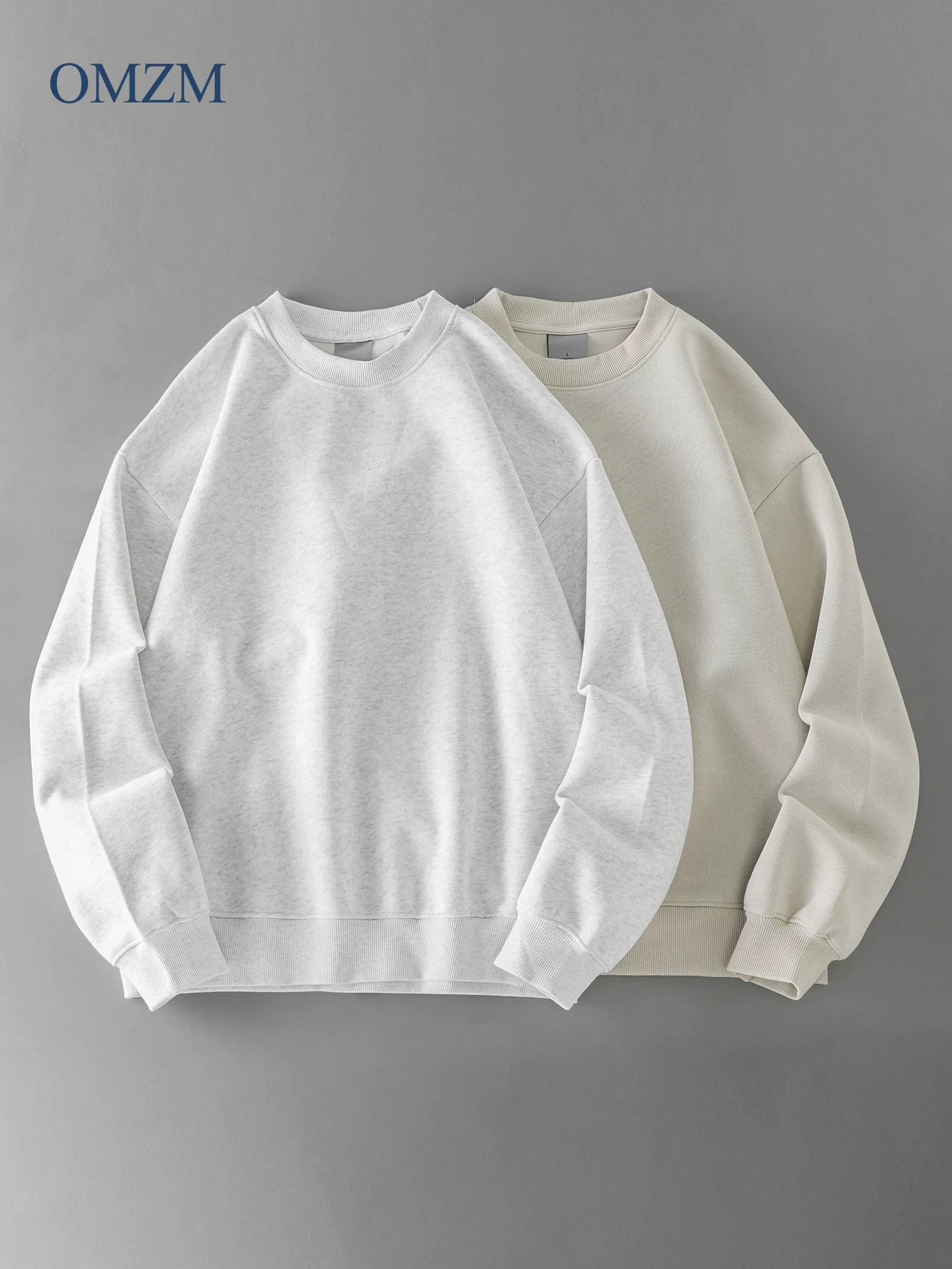 Áo thun cổ tròn hạng nặng OMZM450G dành cho nam, mùa xuân thu, màu trơn, áo sơ mi đơn giản, áo chui đầu dáng rộng, tay dài