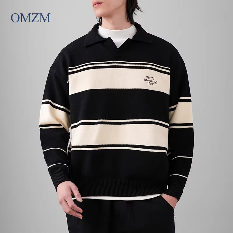 Áo len nam OMZM cổ V sọc, mùa đông 2024, kiểu cổ POLO retro, phong cách lười, phối màu tương phản