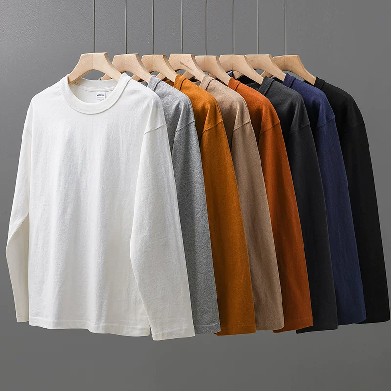 Áo thun dài tay cổ tròn kiểu Mỹ màu kaki 400G dành cho nam, áo thun cotton nguyên chất, áo len cổ tròn rộng rãi cho mùa xuân.