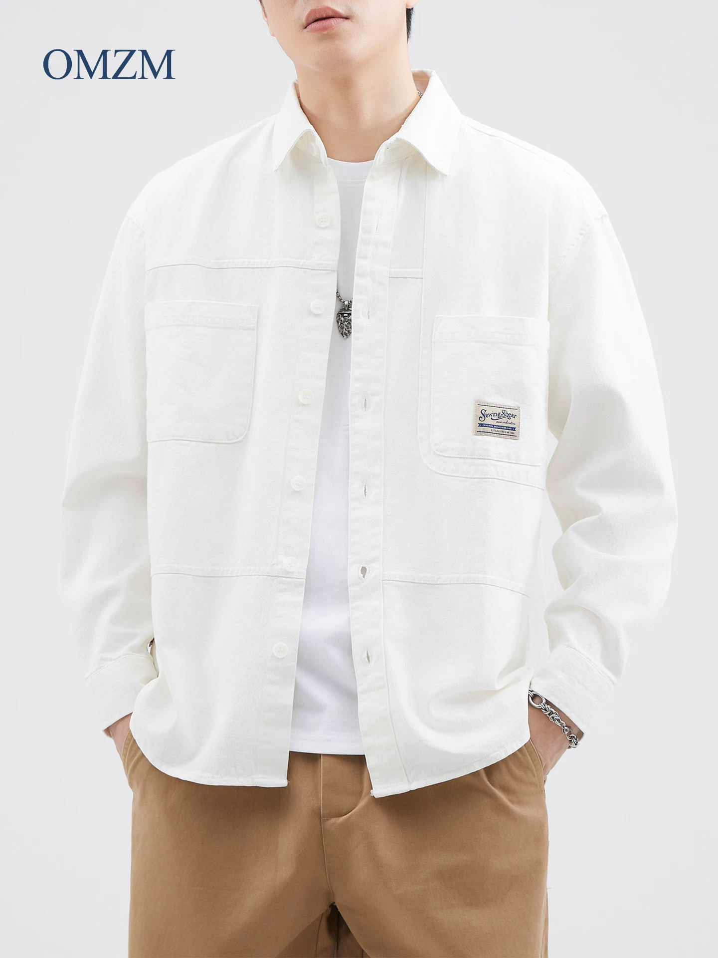 Áo khoác kiểu áo sơ mi hạng nặng OMZM dành cho nam, áo sơ mi cotton nguyên chất cao cấp mùa thu, áo khoác công sở dáng rộng thông thường kiểu Mỹ