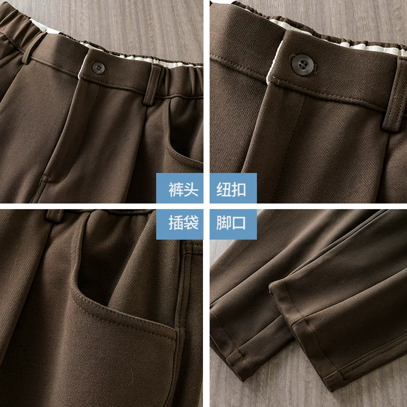 Quần âu nam chất liệu len dày OMZM, quần âu dày dặn giữ ấm phong cách retro mùa đông, quần ống đứng rộng rãi, chống nhăn, kiểu dáng thon gọn