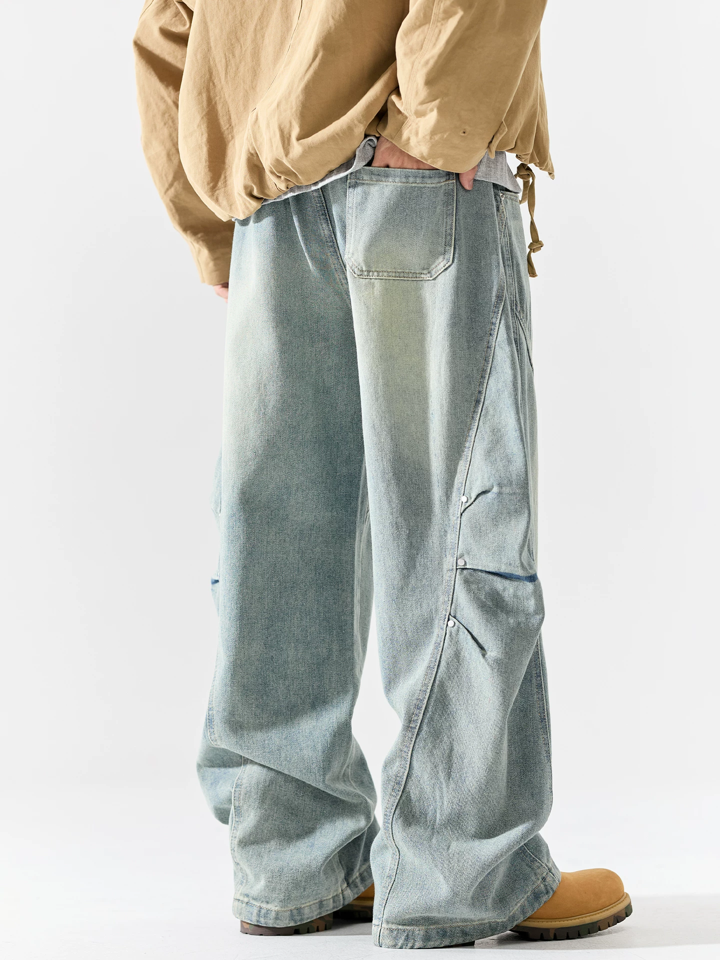 Quần jean nặng bền kiểu OMZM dành cho nam, quần công nhân vintage phong cách Mỹ mùa thu, quần dài dáng rộng phối vải, kiểu dáng lửng