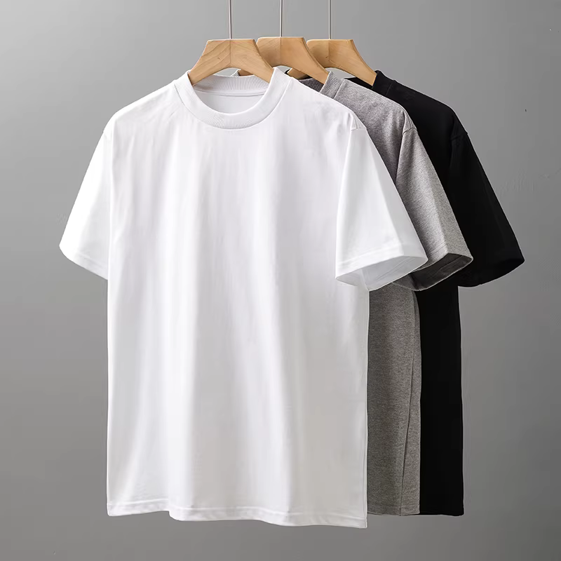 Áo thun nam tay ngắn cổ tròn chất liệu cotton dày 400G, kiểu dáng Mỹ, màu trắng tinh khiết, mùa hè.
