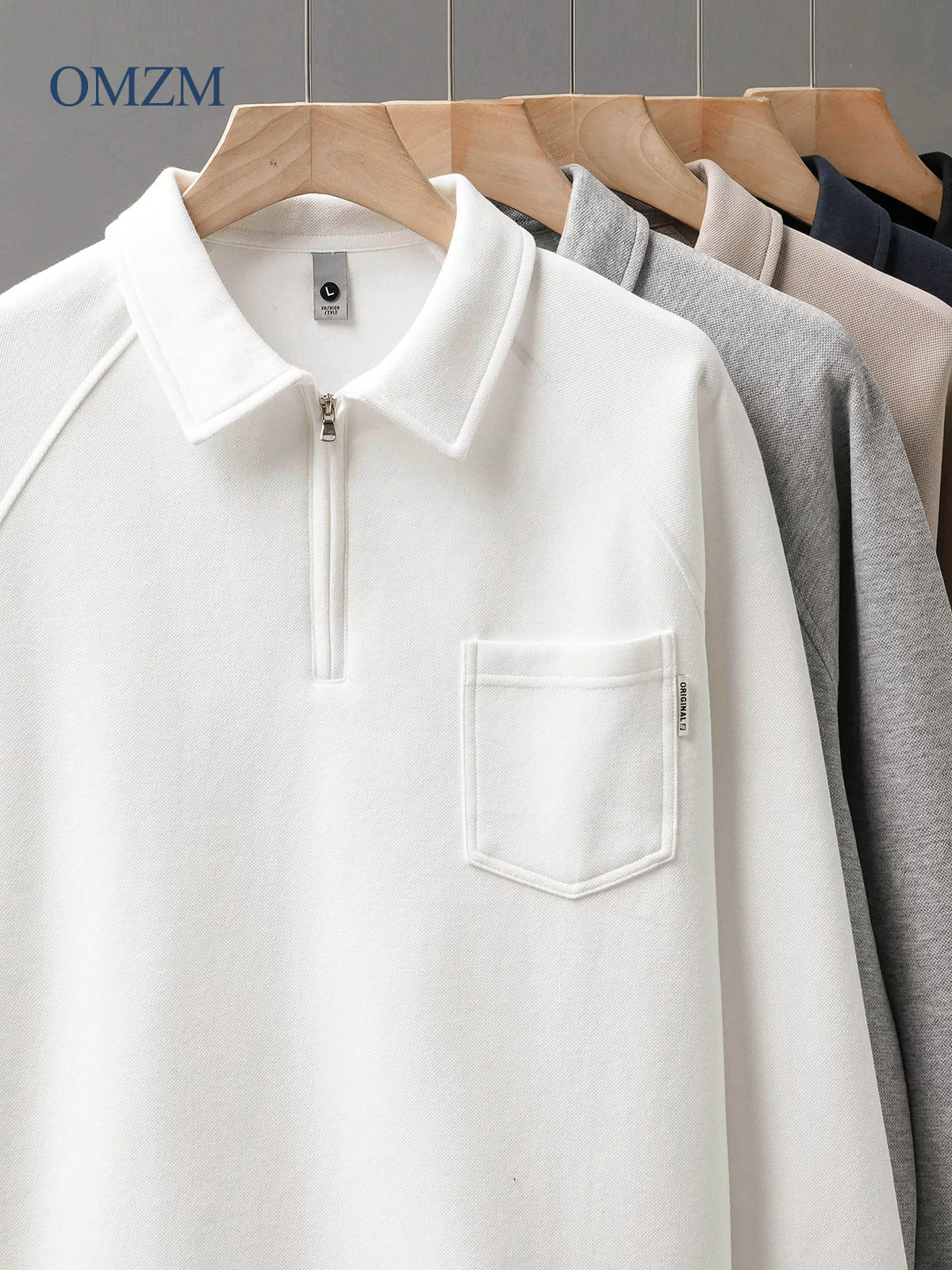 Áo polo chất liệu cotton pique dày dặn dành cho nam, mùa thu 2024, kiểu dáng rộng rãi, tay raglan dài, màu trơn, cổ áo sơ mi nửa khóa kéo.