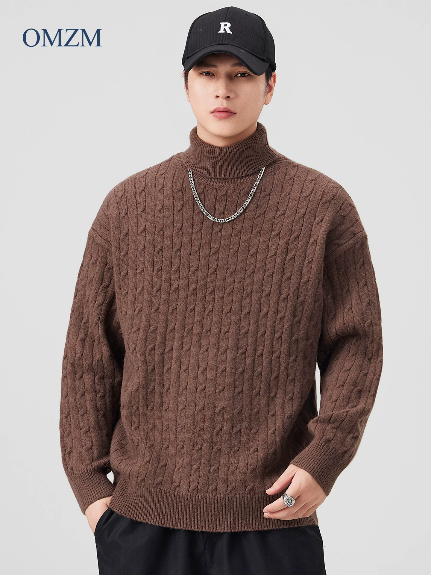 Áo len cổ lọ có họa tiết OMZM dành cho nam, lớp đế dệt kim dày và ấm áp cho mùa thu, áo chui đầu kiểu dáng giản dị.