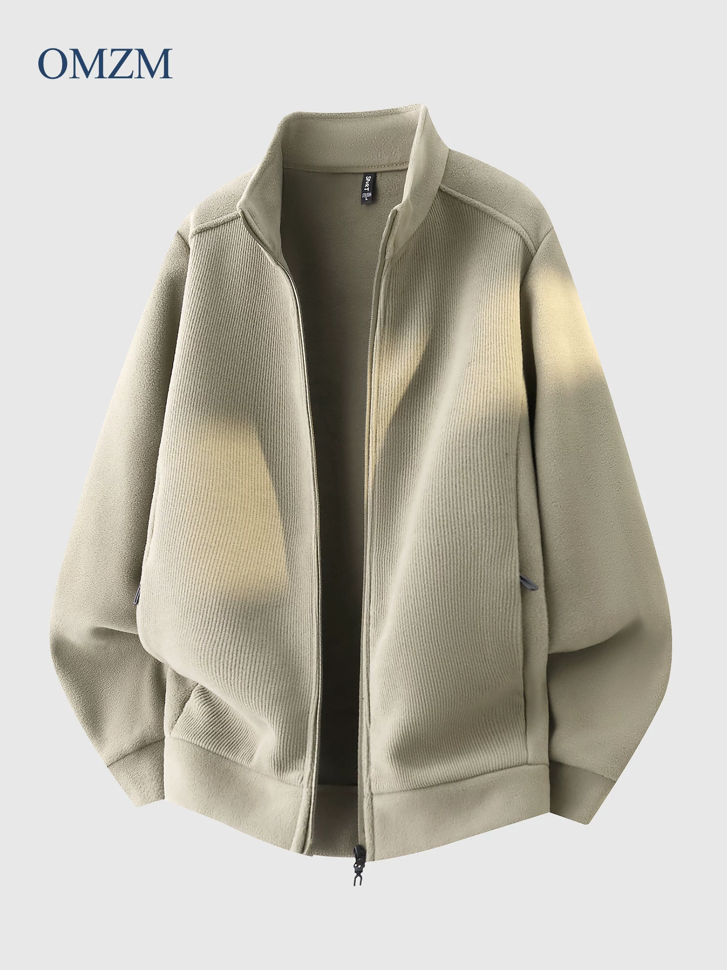 Áo khoác lông cừu cổ đứng hạng nặng OMZM dành cho nam, áo khoác cardigan có khóa kéo ấm áp lót lông cừu phong cách Mỹ mùa đông, áo khoác ngoại cỡ màu trơn
