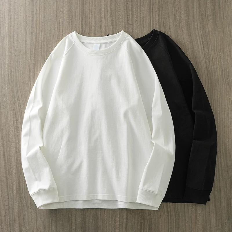Áo thun dài tay bằng cotton nguyên chất hạng nặng 400G dành cho nam, áo len cổ tròn tay raglan mùa thu đông, áo sơ mi lớp trong màu trắng phong cách Mỹ.