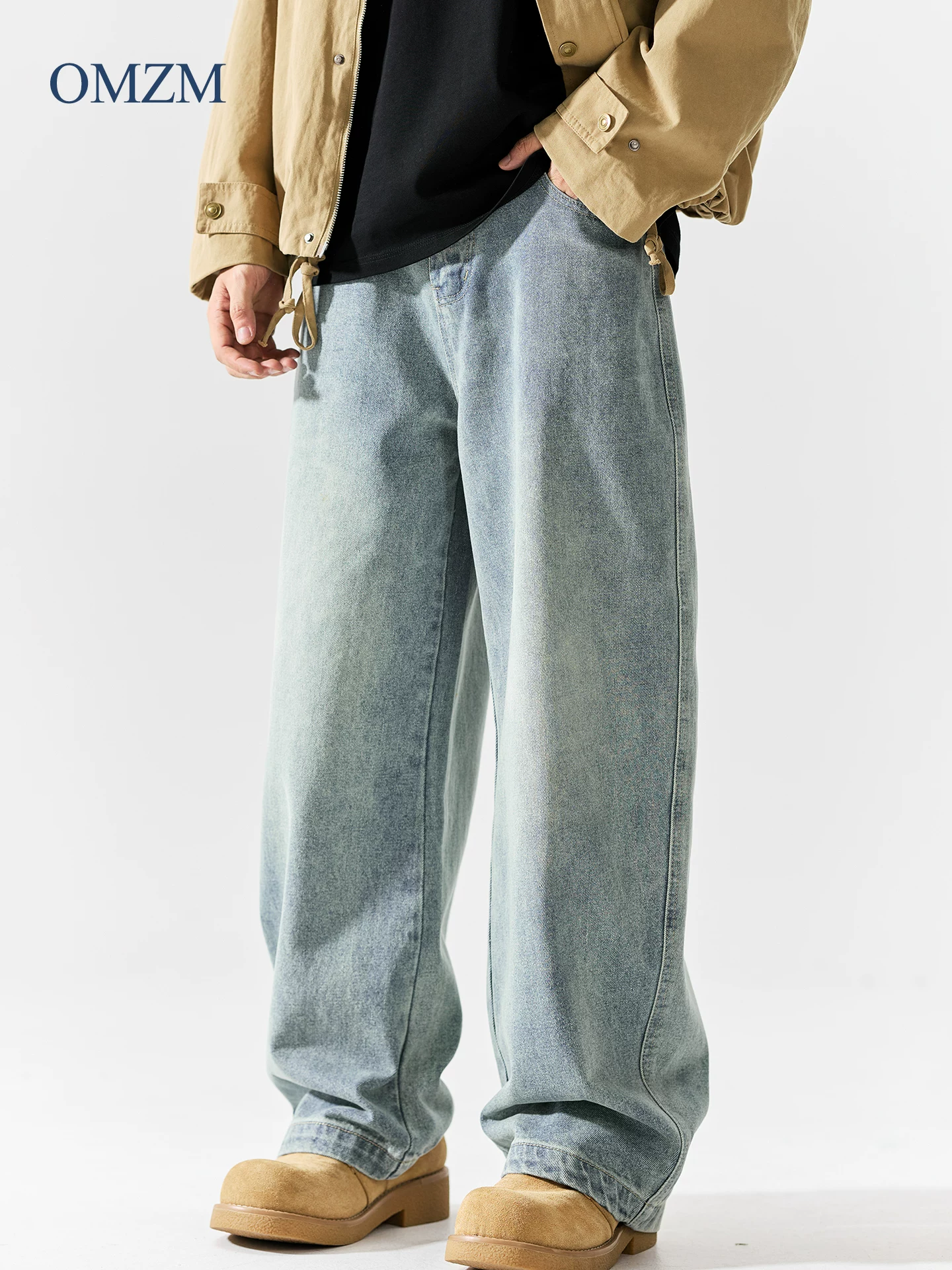 Quần jean denim nặng, giặt mài kiểu OMZM480G dành cho nam, phong cách retro Mỹ mùa thu, dáng rộng, ống thẳng, quần thể thao