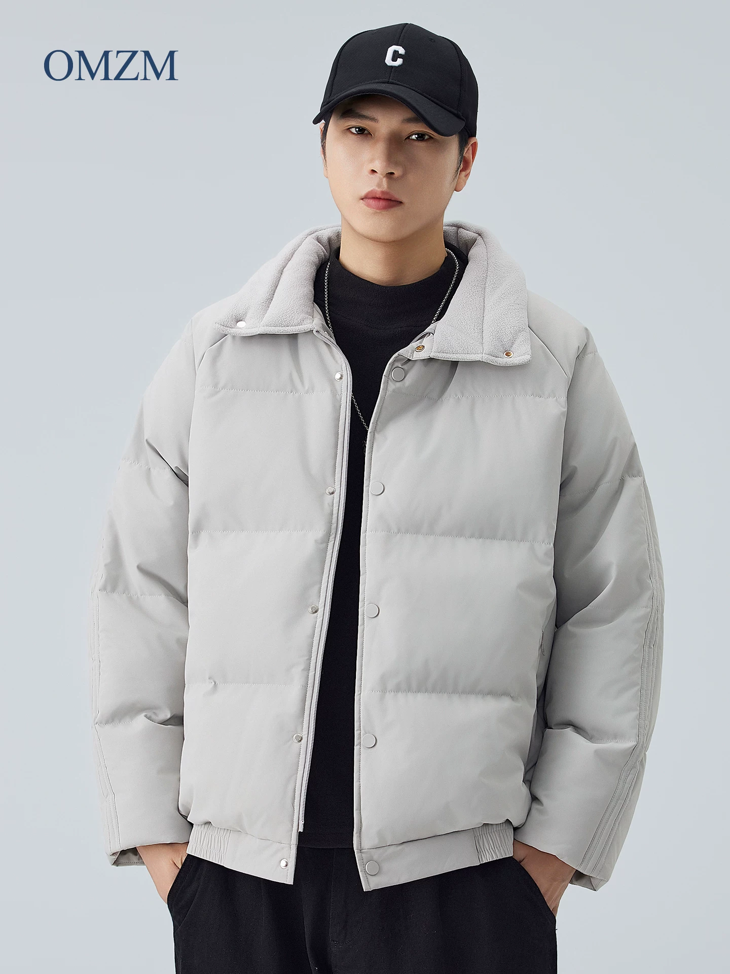 Áo khoác cotton cổ đứng OMZM dành cho nam, áo khoác cotton dày dặn lót lông cừu mùa đông, dáng rộng cho thanh thiếu niên, áo khoác phao công sở dành cho cặp đôi.