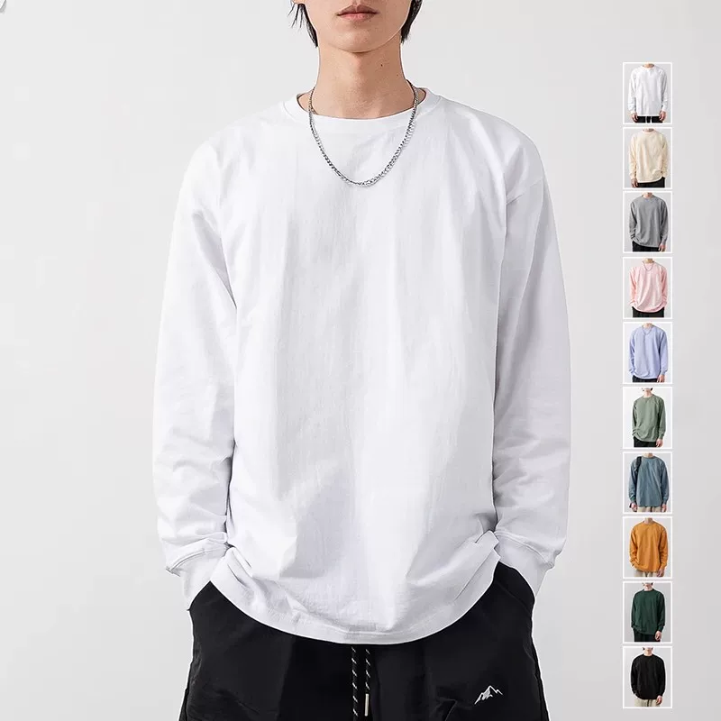 Áo thun dài tay hạng nặng 300g kiểu Mỹ dành cho nam và nữ, áo len cổ tròn bằng cotton nguyên chất mùa xuân và mùa thu, áo sơ mi màu trắng trơn màu rộng rãi