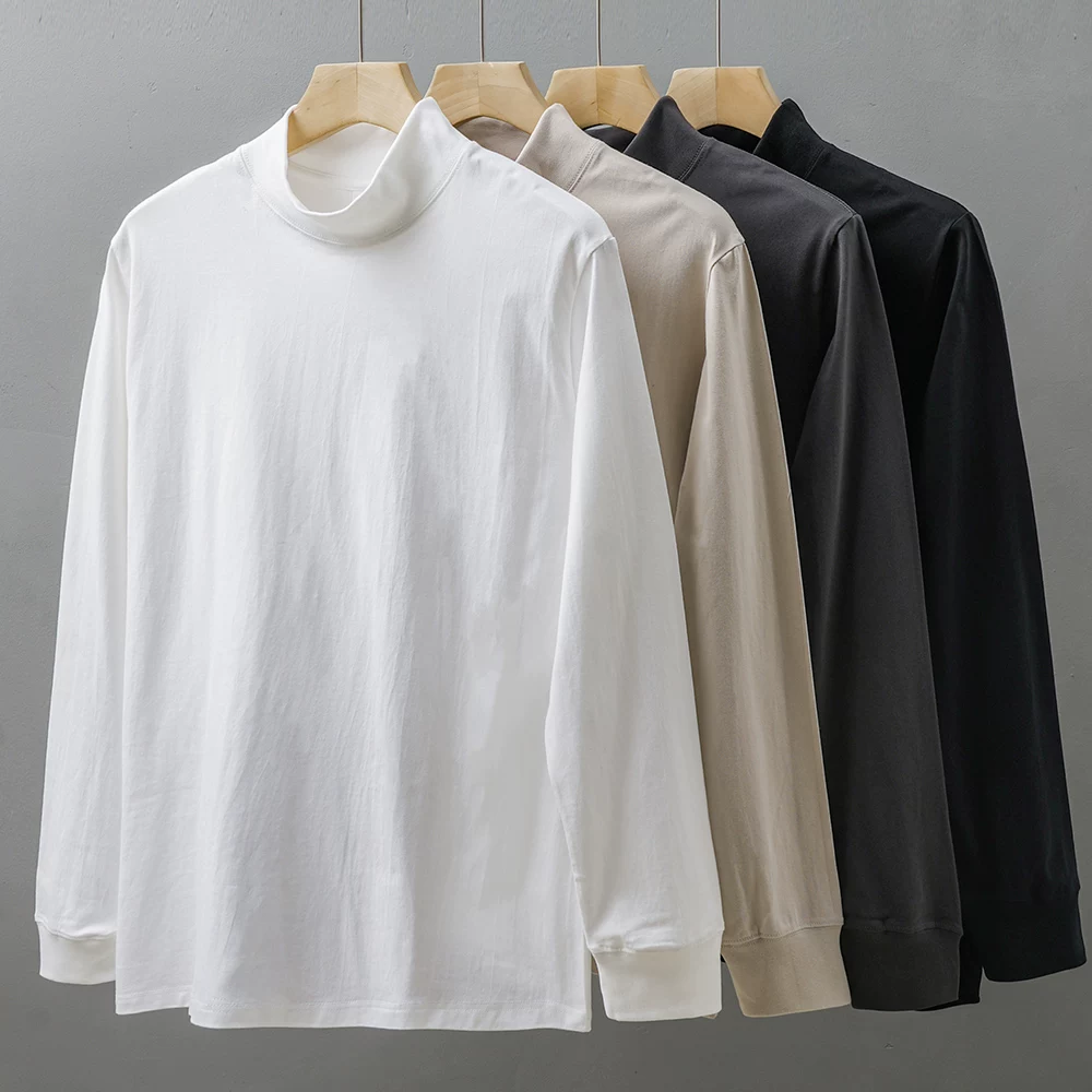 Áo thun nam tay dài cổ cao nửa cổ, chất liệu cotton nguyên chất 270G, áo lót màu trơn mùa thu, áo sweatshirt cổ trung bình rộng rãi cho nam.
