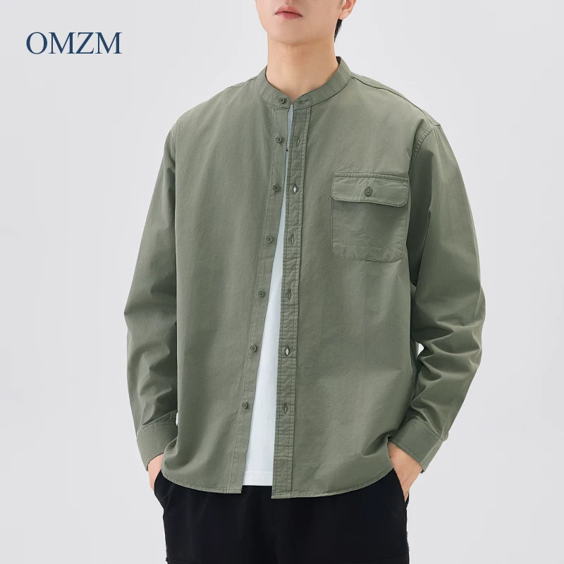 Áo sơ mi cổ đứng bằng cotton nguyên chất hạng nặng OMZM dành cho nam, dài tay, áo sơ mi trắng phong cách Trung Quốc mới mùa thu, áo khoác công sở dáng rộng thông thường