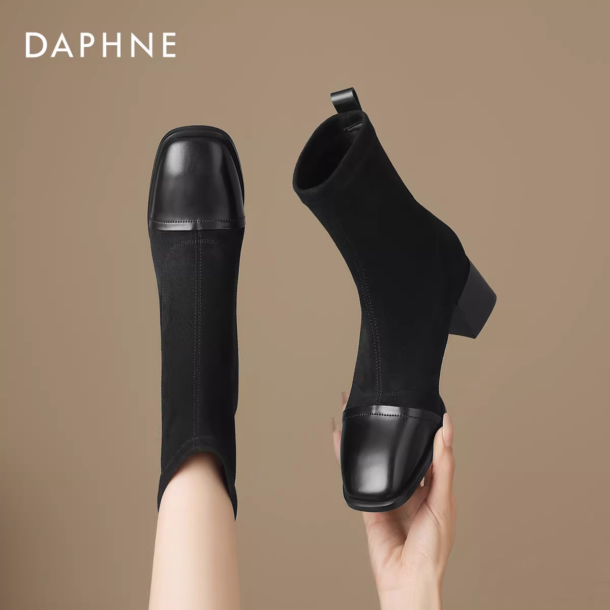 Giày bốt ngắn Daphne dành cho nữ, bốt ôm sát, bốt cao gót kiểu tất mới năm 2025, bốt Martin mũi vuông dành cho nữ, bốt đơn chất liệu thun co giãn mùa xuân thu.