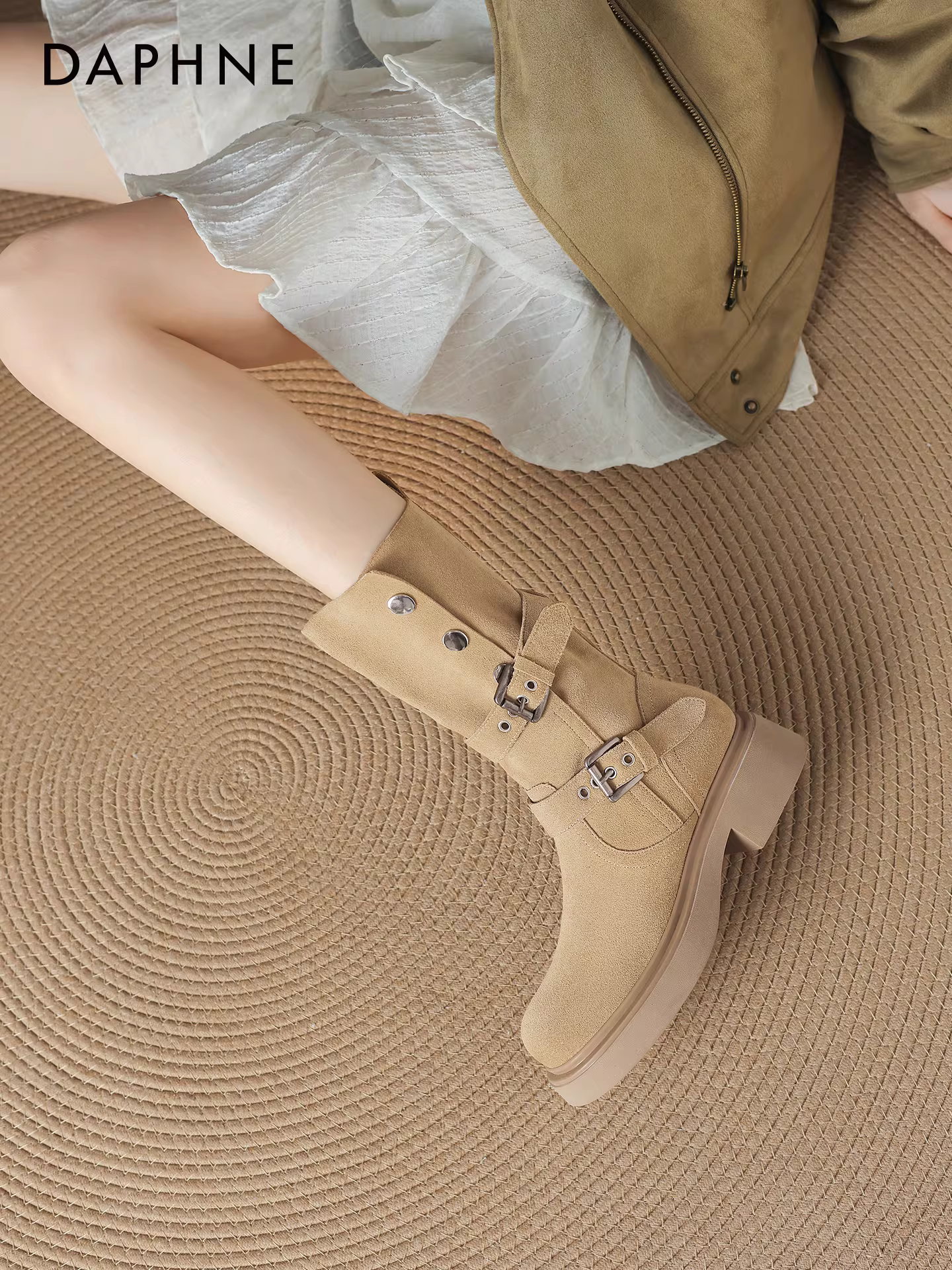 Giày bốt nữ Daphne kiểu đất hoang, cổ ngắn đến giữa bắp chân, mùa đông 2025, gót dày, kiểu Martin, kiểu cao bồi miền Tây, bốt ngắn