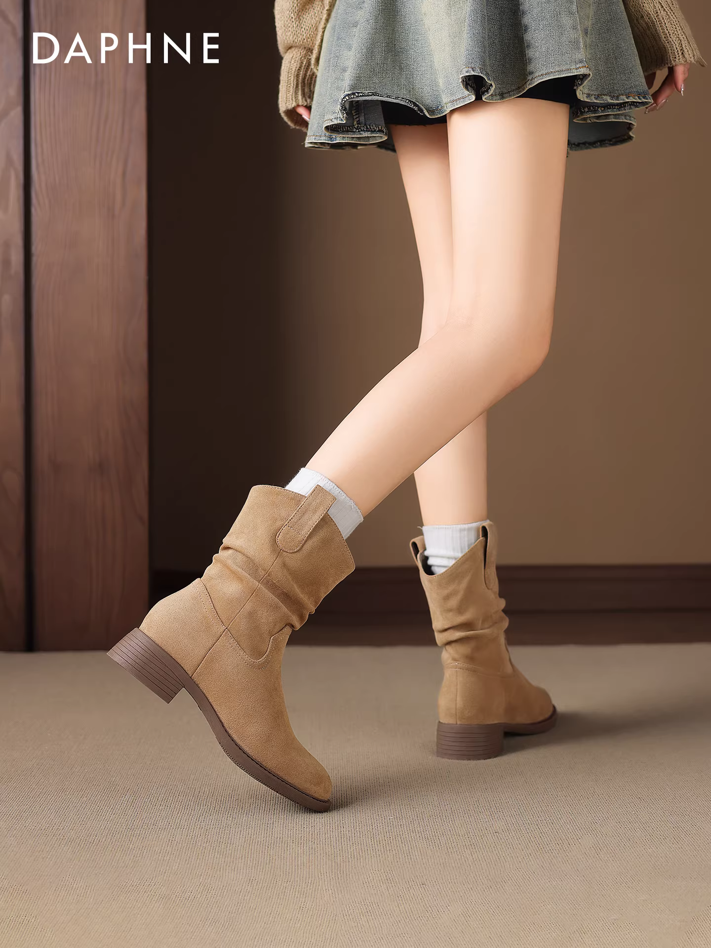 Giày bốt cổ ngắn gót thô Daphne dành cho nữ, mẫu mới mùa đông 2025, lót lông, kiểu dáng lười, kiểu bốt cưỡi ngựa Melard, kiểu bốt Martin