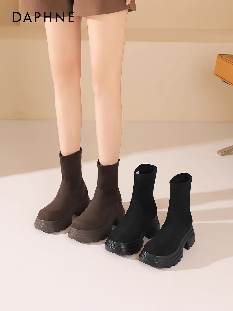 Giày bốt Martin da lộn Daphne kiểu tất co giãn dành cho nữ mùa xuân thu 2025, giày bốt ngắn tăng chiều cao đế dày kiểu dáng thon gọn dành cho nữ