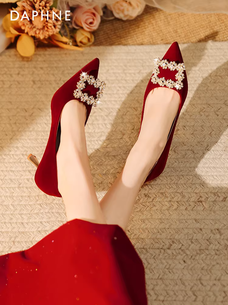 Giày cao gót đỏ Daphne dành cho nữ, mẫu mới xuân 2025, giày cưới phối với váy Xiuhe, giày cô dâu, giày dự tiệc, giày đơn dành cho nữ