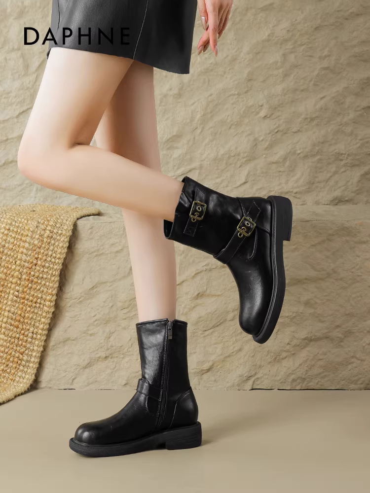 Giày bốt ngắn Daphne màu nâu, giày bốt Melard nữ mùa thu 2025 kiểu mới, giày cao bồi miền prairie, giày bốt Martin cao đến giữa bắp chân