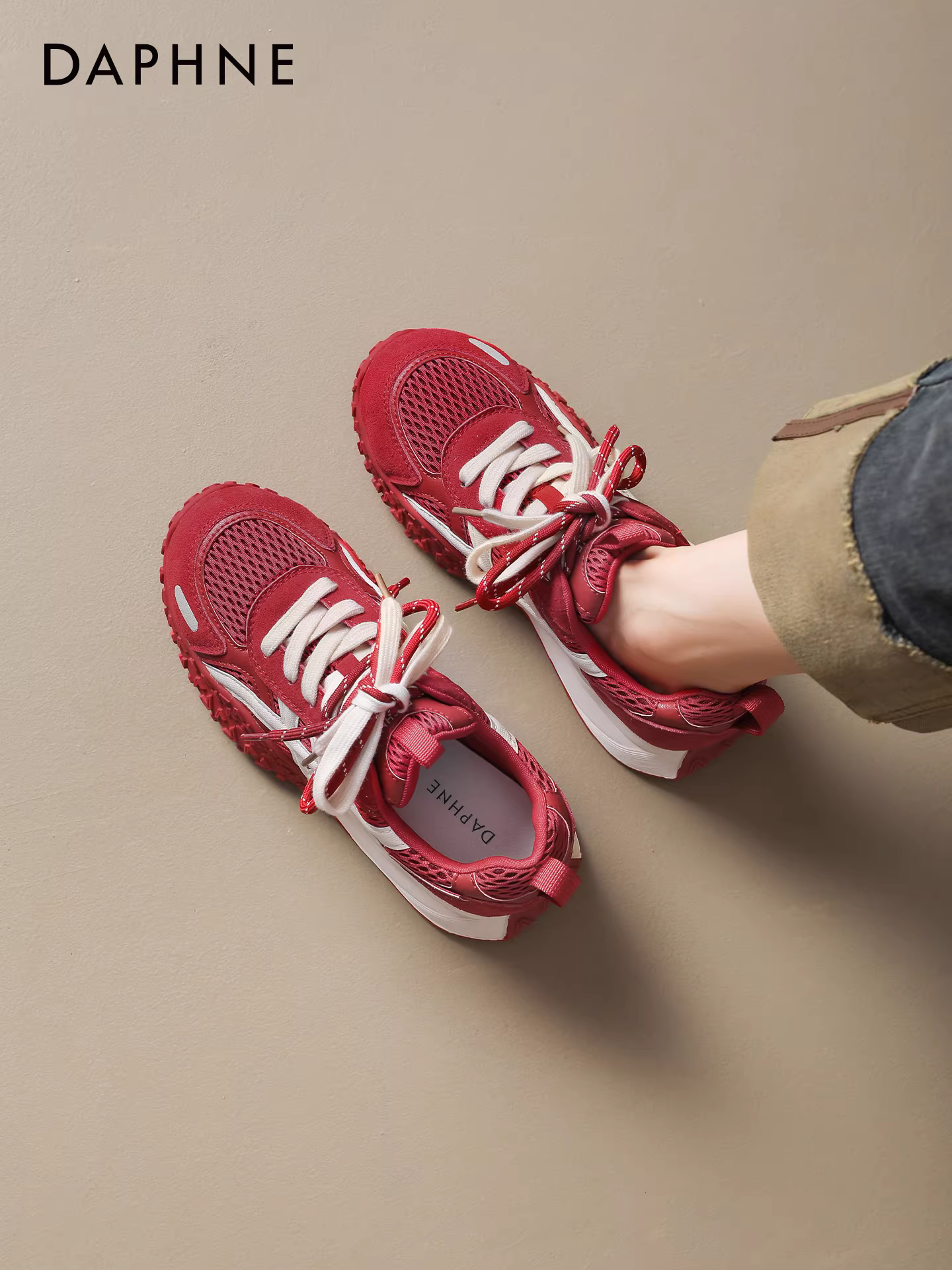 Giày thể thao nữ Daphne màu đỏ, kiểu dáng mới mùa thu 2025, đế dày, giày thể thao nữ, giày sneaker bố