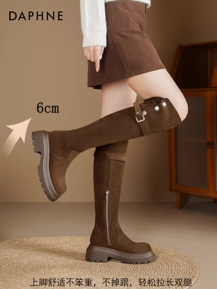 Giày bốt cao quá đầu gối Daphne dành cho nữ 2025, mẫu mới thu đông, giữ ấm, đi tuyết, đế dày, bốt dài, màu nâu.