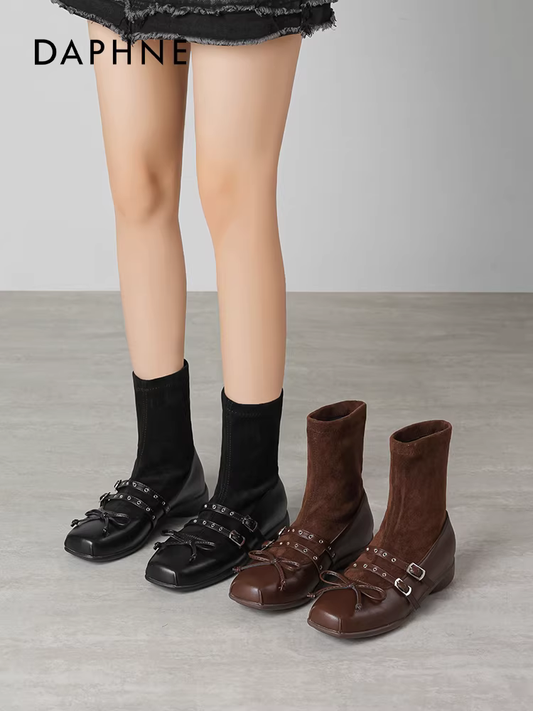 Giày bốt ngắn màu nâu Daphne dành cho nữ 2025, mẫu mới mùa thu, kiểu Melard cổ điển, kiểu Mary Jane, kiểu tất, giày thời trang