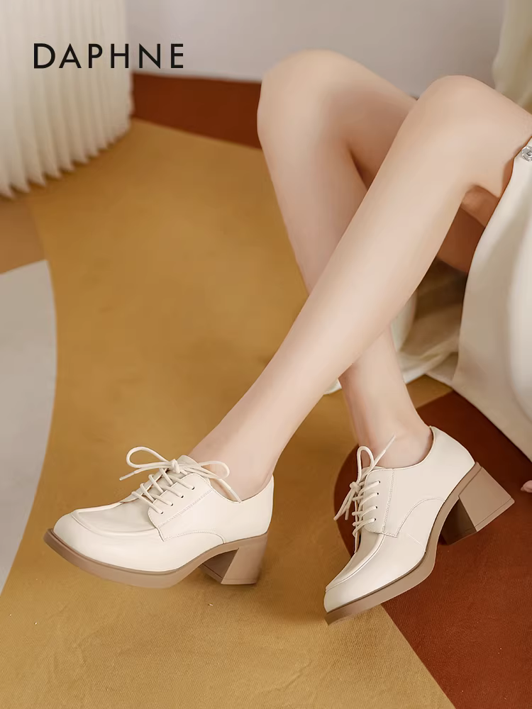 Giày da nhỏ kiểu Anh Daphne dành cho nữ 2025, giày đơn giản thanh lịch mới, giày nữ buộc dây đế dày gót thô kiểu lười