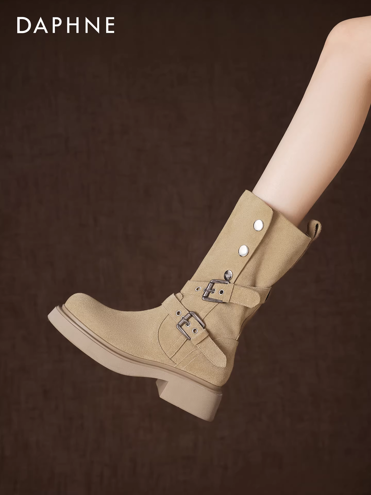 Giày bốt nữ Daphne kiểu đất hoang, cổ ngắn đến giữa bắp chân, mùa đông 2025, gót dày, kiểu Martin, kiểu cao bồi miền Tây, bốt ngắn