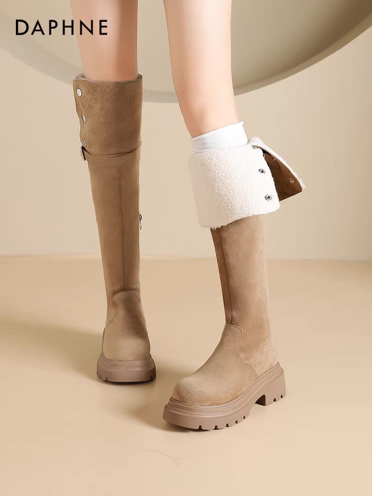 Giày bốt cao quá đầu gối lót lông cừu Daphne dành cho nữ 2025 mới mùa thu đông Giày bốt đi tuyết ấm áp Melard Giày bốt đế dày dành cho nữ