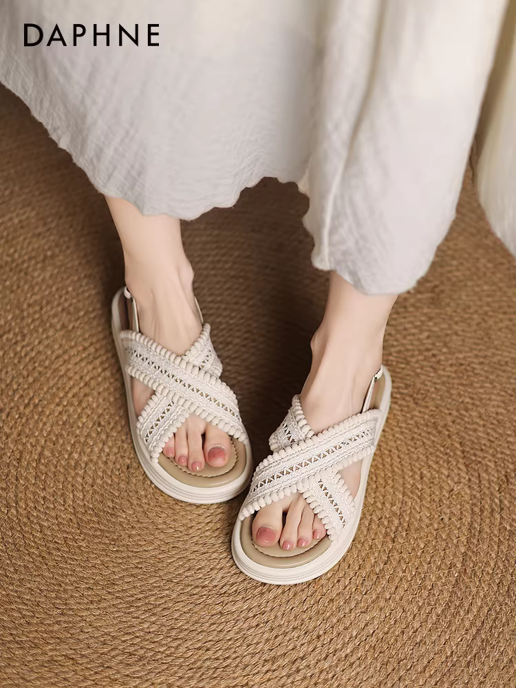 Dép nữ đế dày phong cách boho Daphne 2025, kiểu dáng dân tộc mùa hè mới, dép dệt