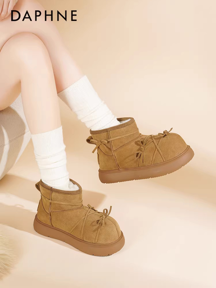 Giày bốt tuyết đế dày Daphne dành cho nữ, kiểu dáng mới mùa đông 2025, giày lười có lớp lót lông mềm, giày bông mùa đông nữ