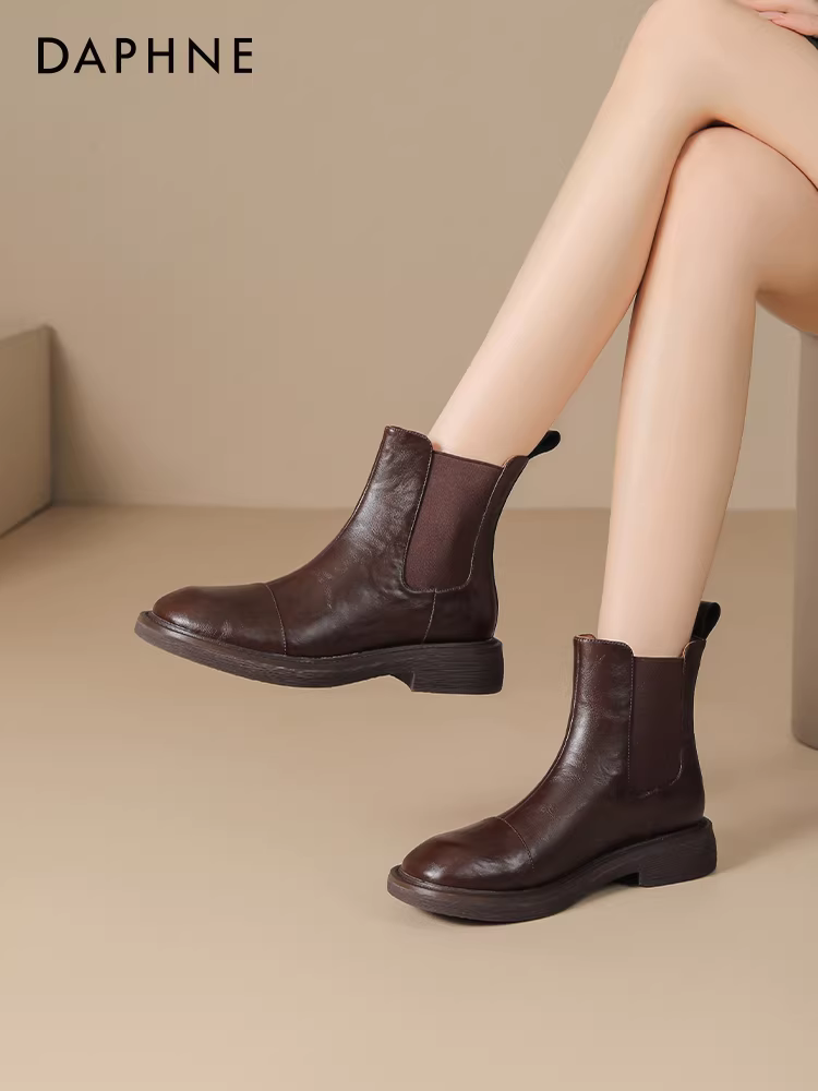 Giày bốt ngắn Daphne dành cho nữ 2025, mẫu mới thu đông, kiểu Chelsea, lót lông, phong cách Anh, kiểu Martin.