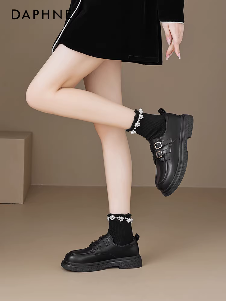 Giày lười đế dày Daphne dành cho nữ 2025, giày nữ mùa thu mới đi làm, giày da nhỏ kiểu Anh tăng chiều cao màu đen