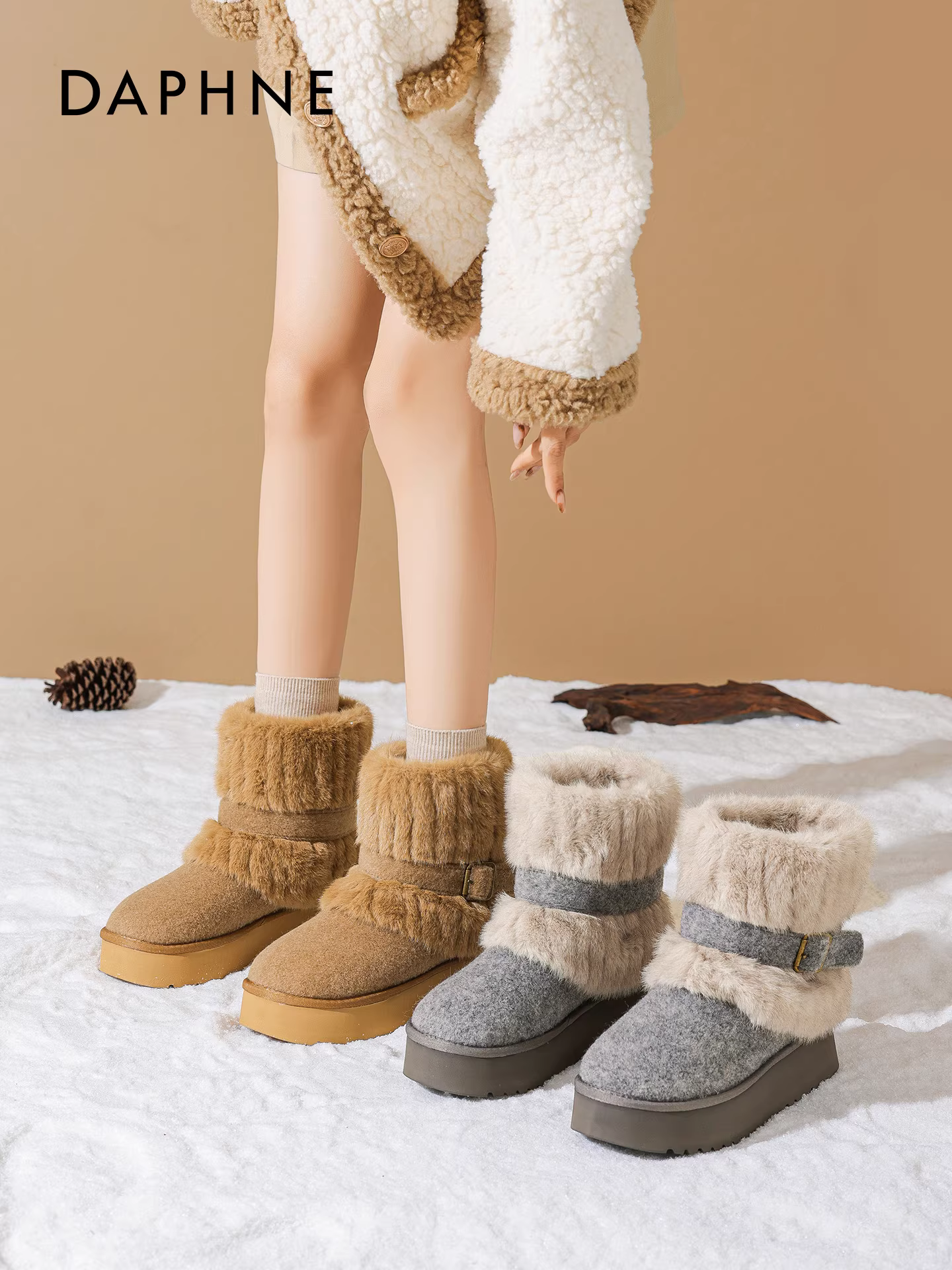 Giày bốt tuyết đế dày màu xám Daphne dành cho nữ mùa đông 2025, kiểu mới, chống trơn trượt, cổ ngắn, lót lông mềm, chất liệu cotton.