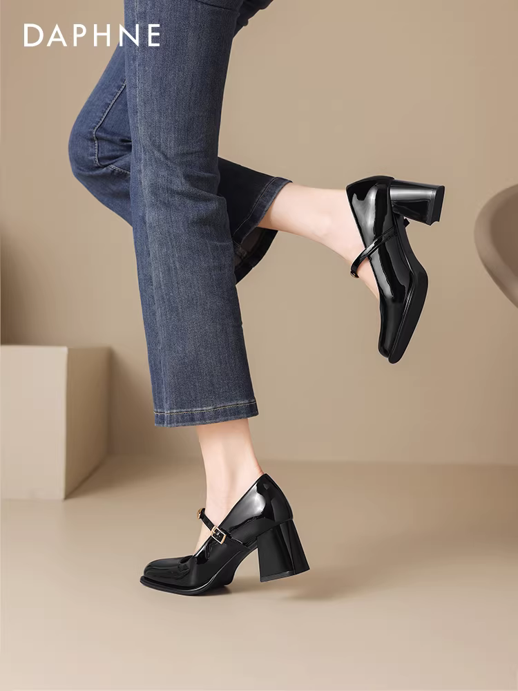 Giày nữ Daphne mũi nông kiểu đơn giản, mẫu mới thu 2025, phong cách Pháp thanh lịch, giày da đen gót thô, kiểu Mary Jane.
