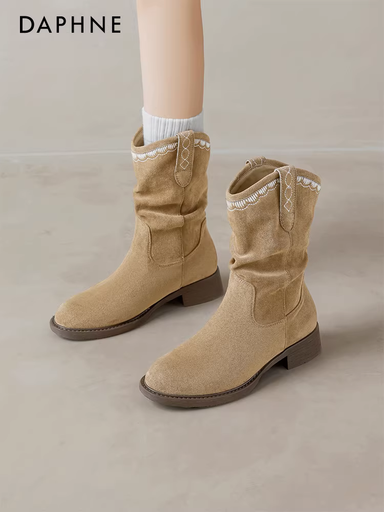 Giày bốt ngắn Daphne dành cho nữ, kiểu mới mùa đông 2025, đế dày Melard, kiểu Martin, kiểu cao bồi miền Tây, màu nâu
