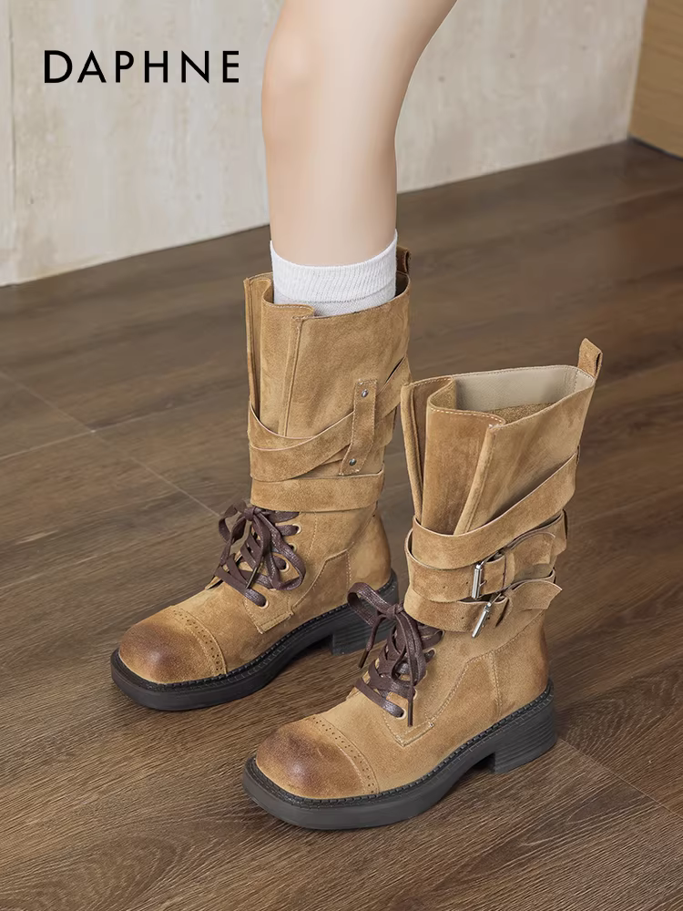 Giày bốt nữ Daphne Maillard cao đến giữa bắp chân, mùa thu đông 2025, kiểu retro mới, có khóa thắt lưng, kiểu giày boxing, kiểu giày Martin đi xe máy