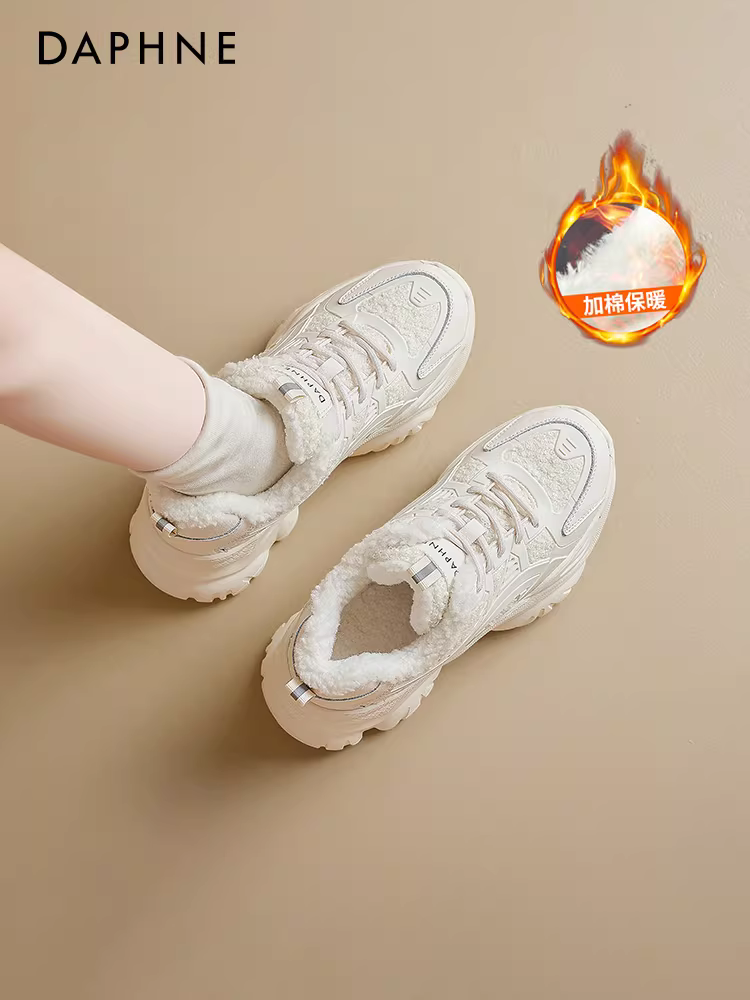 Giày bố đế dày Daphne dành cho nữ 2025, mẫu mới thu đông, lót lông cừu giữ ấm, giày cotton trắng, giày thể thao đế dày, ủng tuyết
