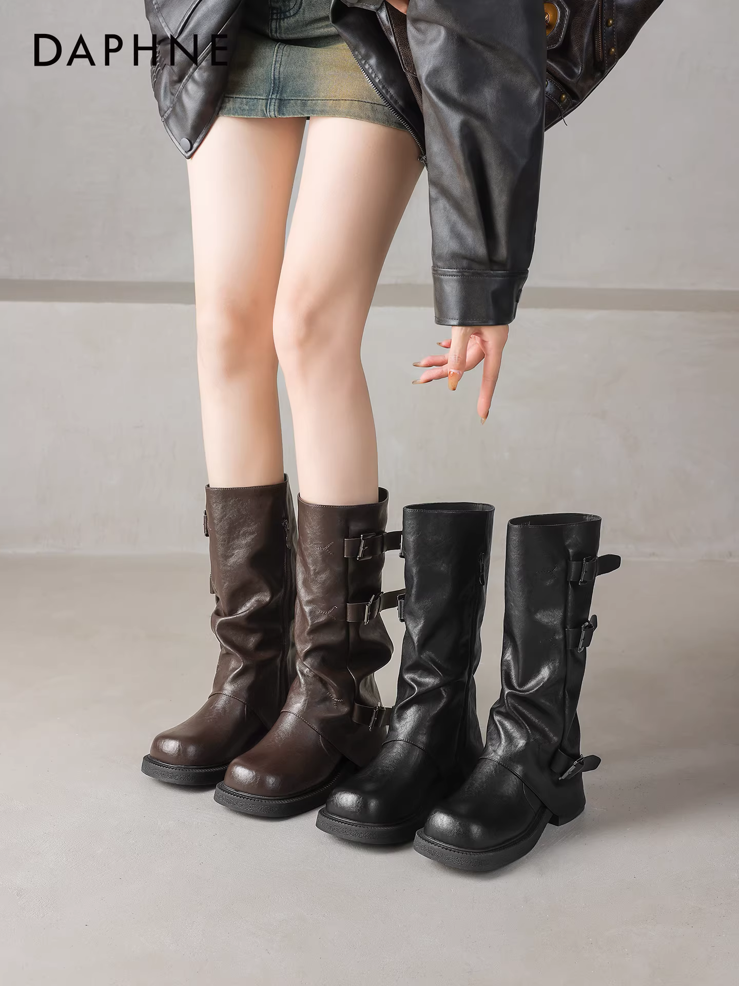Giày bốt Daphne dành cho nữ, bốt cưỡi ngựa mùa đông cao đến giữa bắp chân, kiểu mới 2025, bốt ngắn cổ cao mềm mại lót lông, bốt Martin dài.