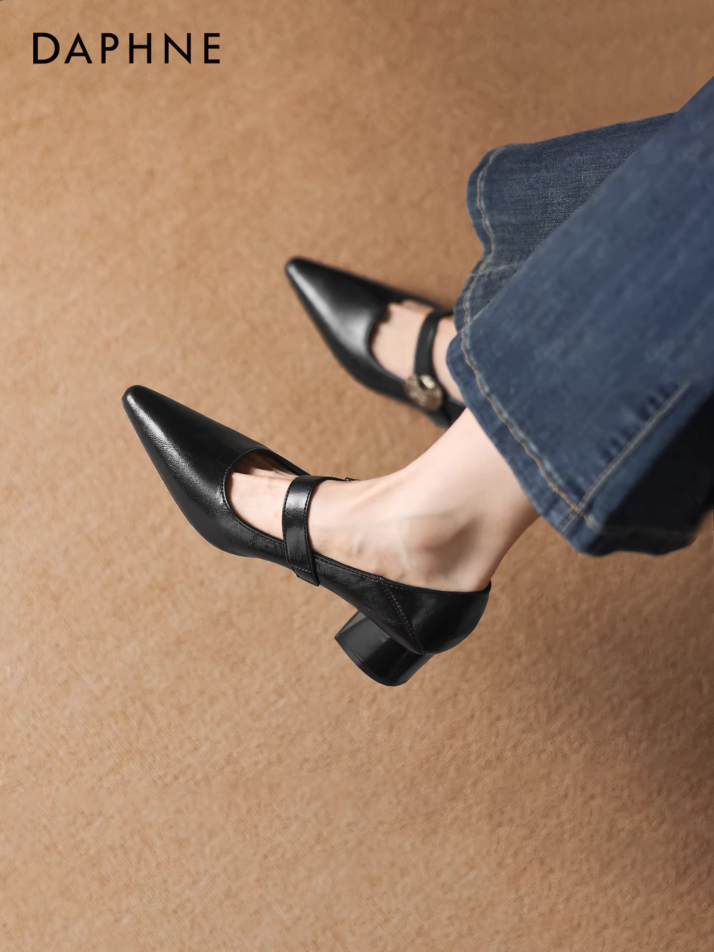 Giày cao gót mũi nhọn Daphne dành cho nữ, kiểu mới 2025, khóa cài, đi làm, chất liệu da cao cấp, gót dày, kiểu Mary Jane