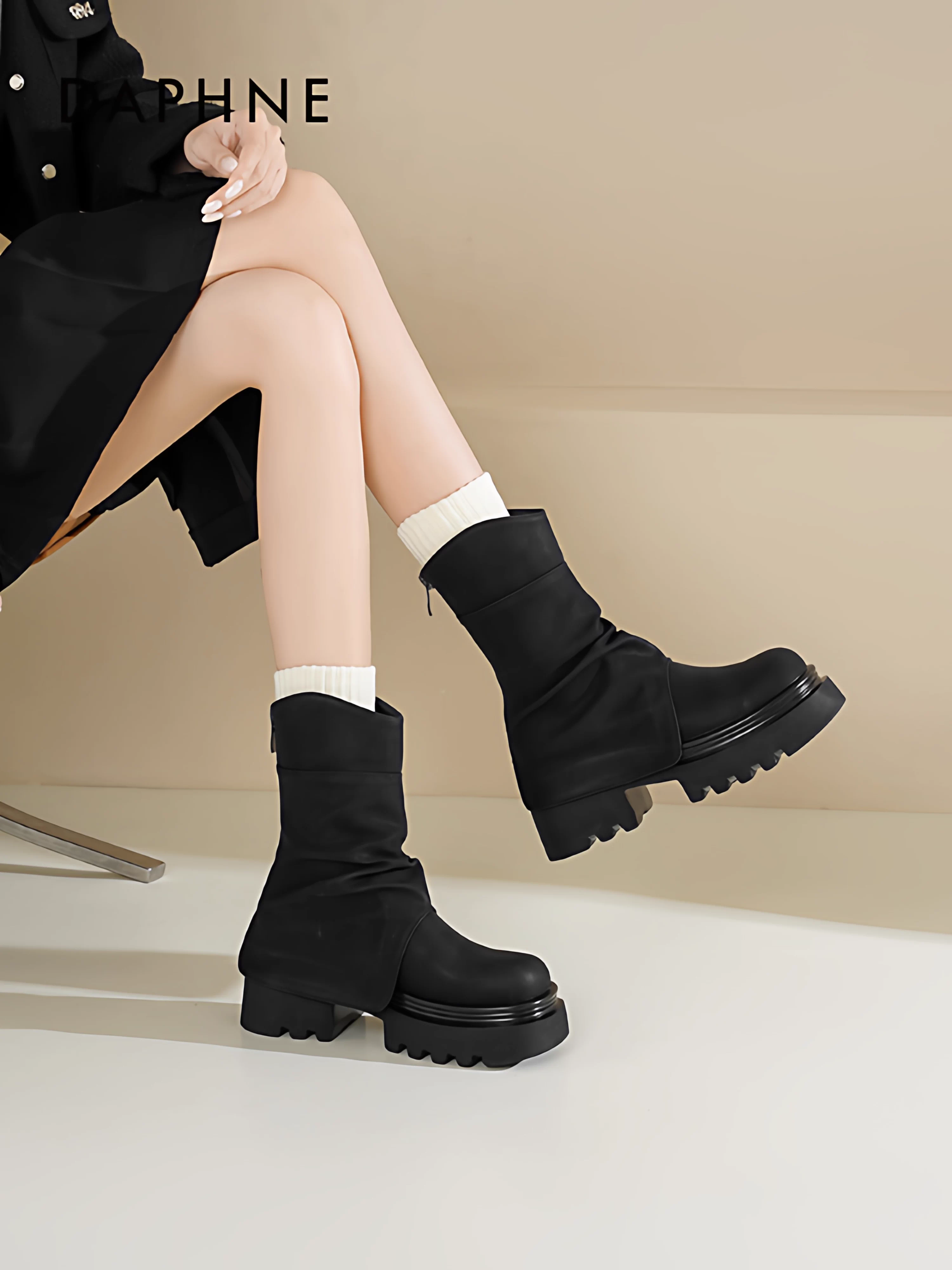 Giày bốt Martin đế dày Daphne dành cho nữ 2025, giày bốt mùa đông màu nâu mới, giày bốt Melard dáng lười, giày bốt ngắn, quần bốt nữ