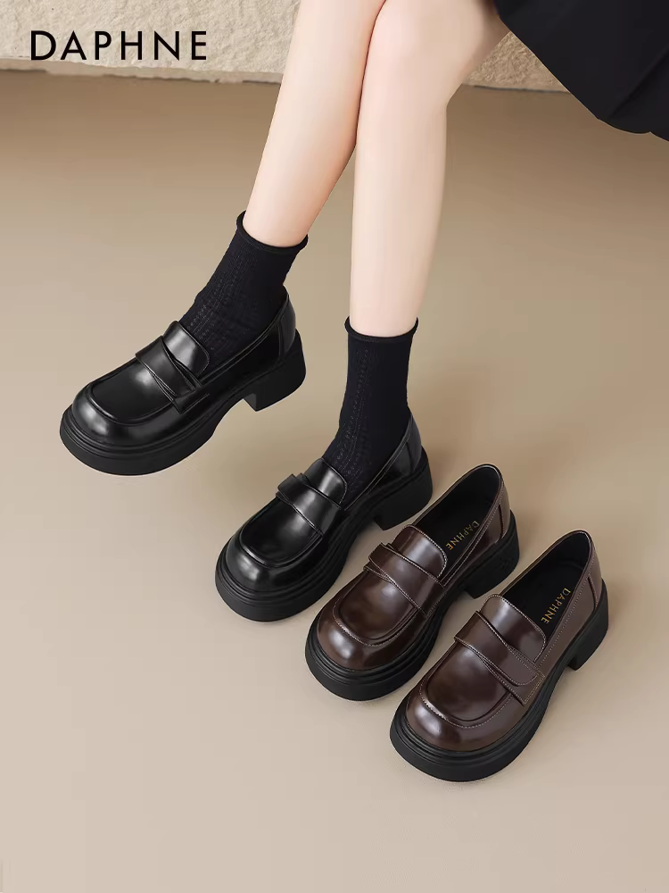 Giày Loafer Daphne màu nâu kiểu Anh mới 2025, giày da nhỏ kiểu JK, đế dày, giày nữ mùa thu, gót dày, giày đơn.