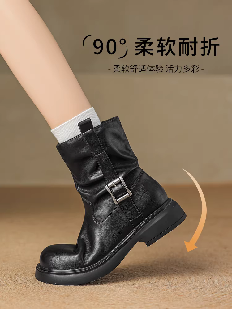 Giày bốt nữ Daphne đế dày lót lông cừu mùa thu đông 2025 kiểu retro Melard cổ ngắn xếp ly giữ ấm