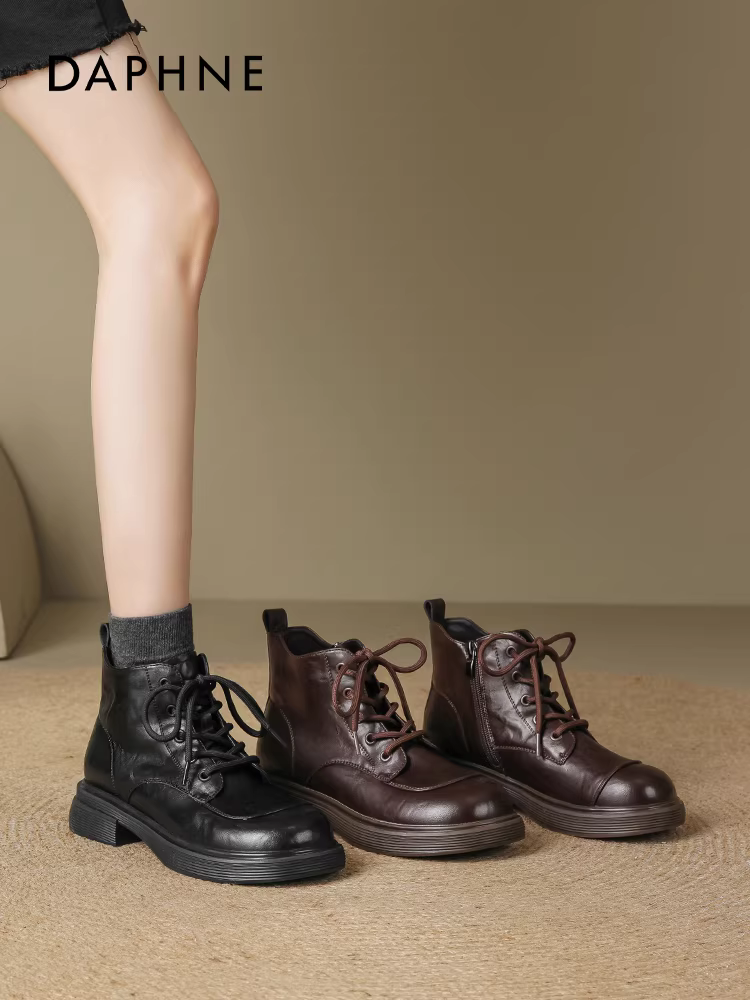 Giày bốt Daphne Brown Martin dành cho nữ 2025 Mẫu mới mùa thu đông kiểu cổ điển Giày bốt ngắn đa năng gót thô kiểu Anh