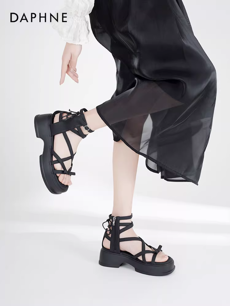 Dép đế dày Daphne dành cho nữ mùa hè 2025, kiểu La Mã mới, phối chân váy, dép buộc dây dành cho nữ