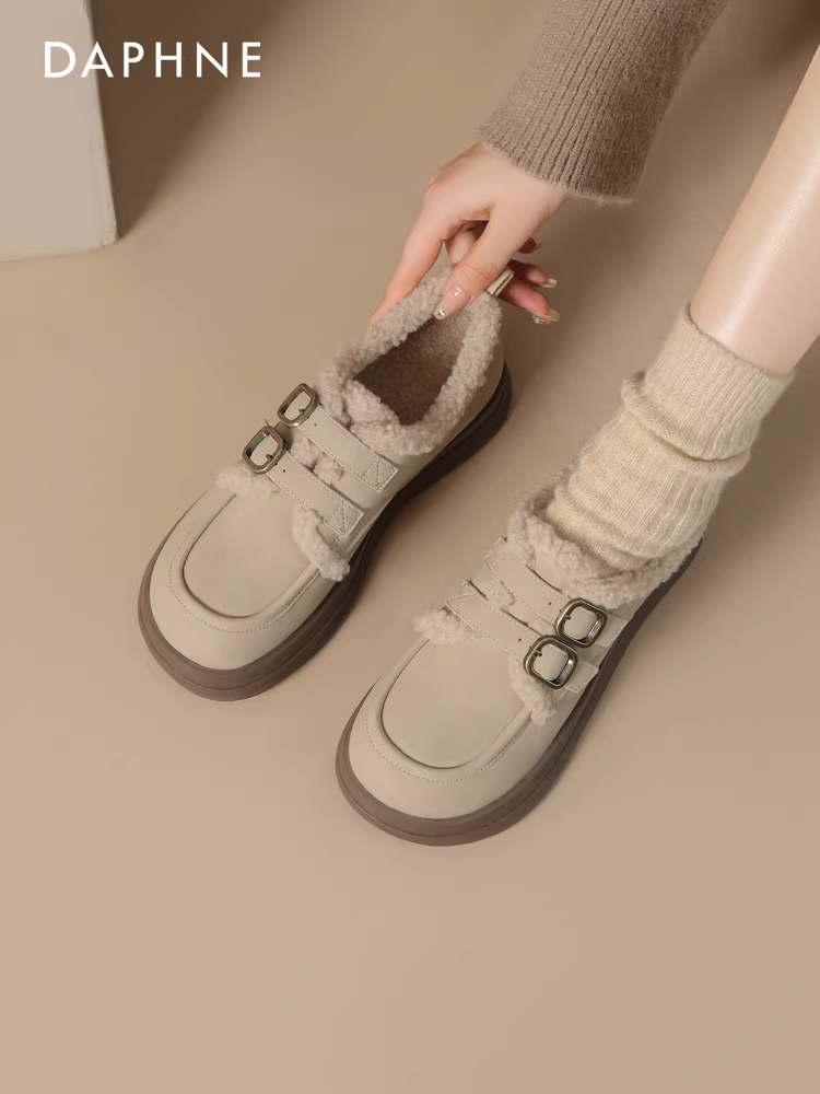 Giày lười lót lông Daphne dành cho nữ 2025, mẫu mới thu đông, đế dày, ủng tuyết, giày da nhỏ, giày mùa đông, giày bông, giày lông thú